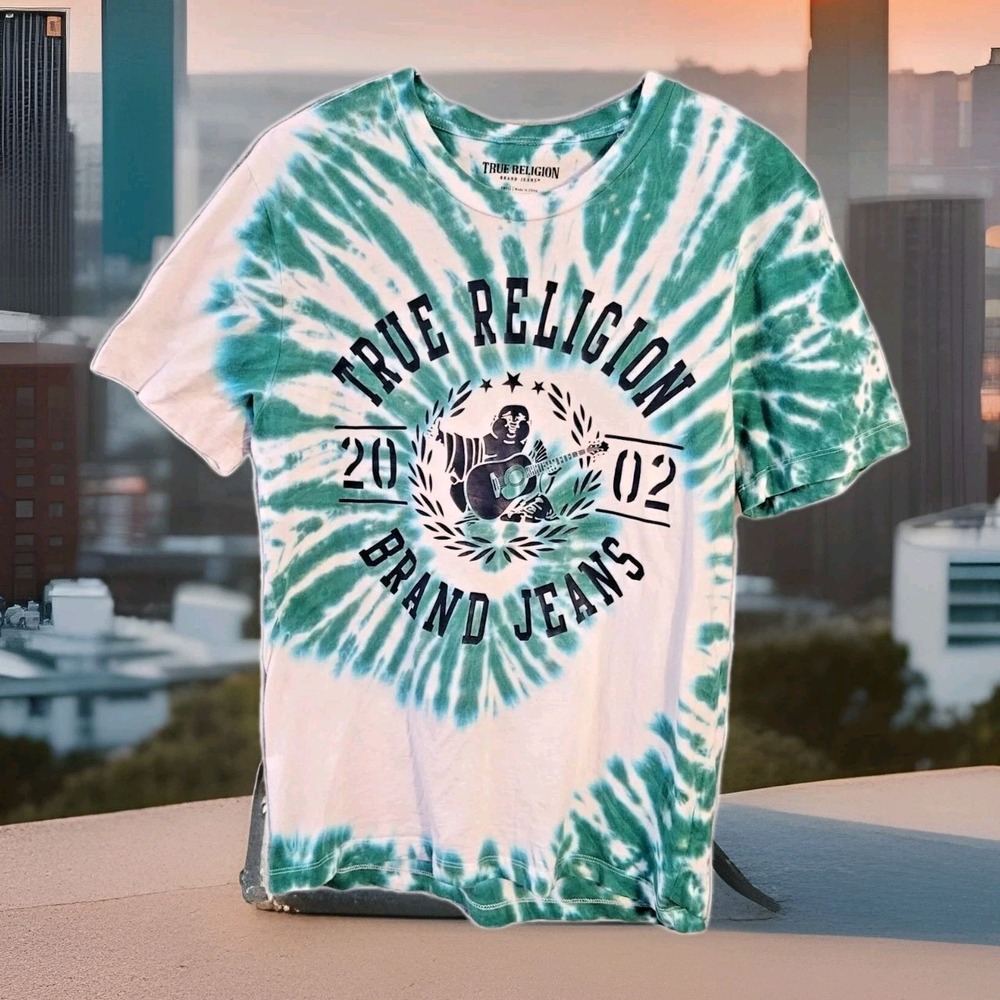 True Religion Tie Dye Graphic T Shirt Size Small Green White Buddha Logo 2002